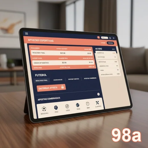 Interface da plataforma 98a mostrando apostas esportivas em tablet.
