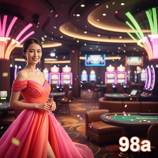 Jogadora elegante na plataforma 98a, em um cassino luxuoso.