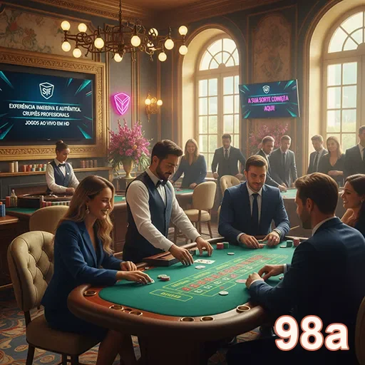 Jogadores em mesa de poker no site 98a, com dealers profissionais.