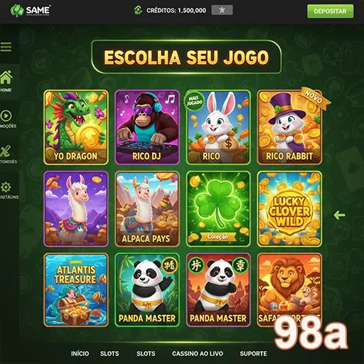 Tela da 98a mostrando diversos jogos como Rico DJ e Safari Fortune.