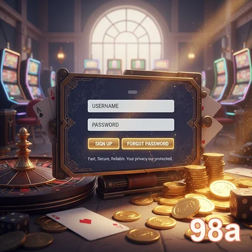 Tela de login na plataforma 98a com mesas de cassino ao fundo.