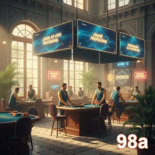 Ambiente da 98a com crupiês em jogos ao vivo profissionais.