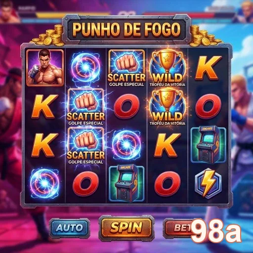 Tela de jogo 'Punho de Fogo' na 98a com símbolos de vitória.