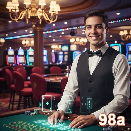 Croupier em um cassino da plataforma 98a com mesas de jogos.
